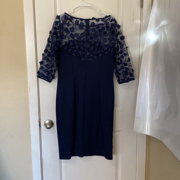 3/4 Sleeve Floral Embellished Illusion Boat Neck Scuba Sheath Dress - Picture 4 of 4